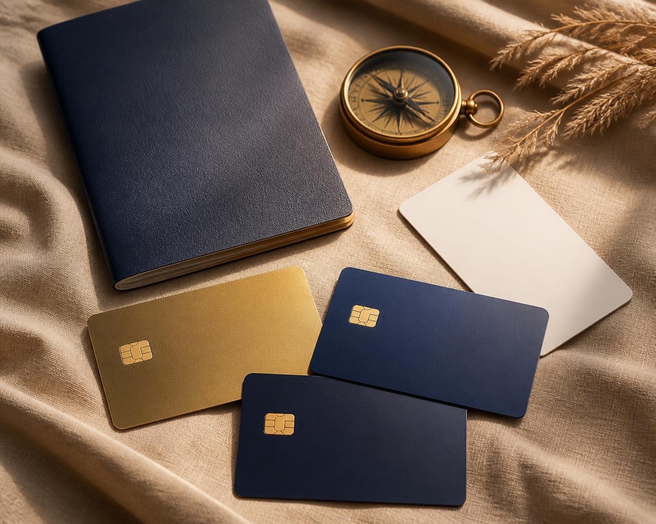 Travel rewards flat lay with unbranded cards, a travel document and a brass compass